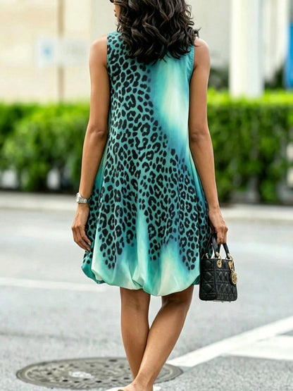 A-Line Loose Asymmetric Contrast Color Elasticity Leopard Printed Round-Neck Mini Dresses