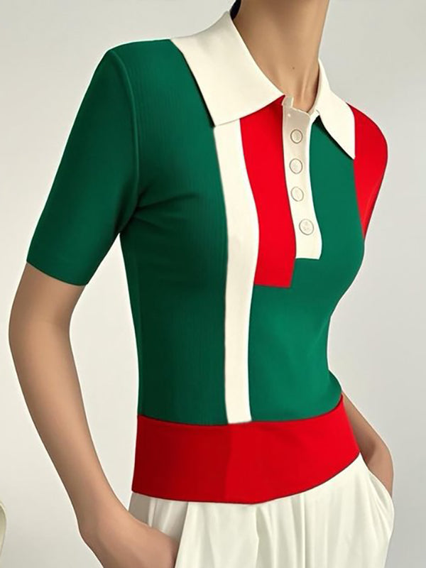 Short Sleeves Skinny Buttoned Contrast Color Lapel Polo-Style T-Shirts Tops