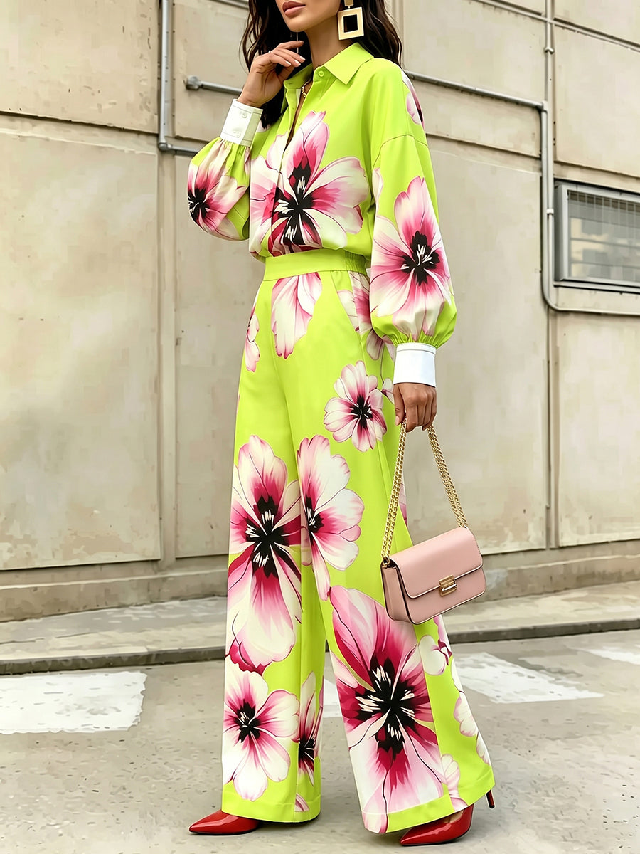 Pleated Flower Print Contrast Color Buttoned Puff Sleeves Loose Lapel Blouses&shirts Tops