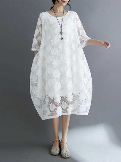 Half Sleeves Loose Hollow Solid Color Round-Neck Midi Dresses