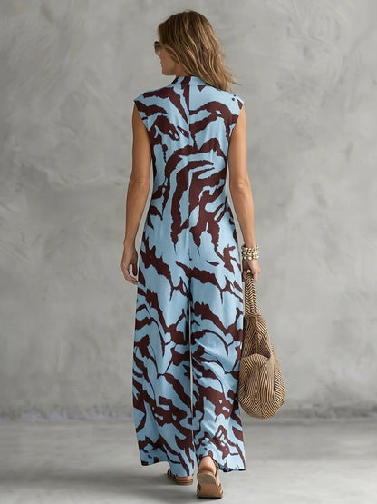 Loose Sleeveless Cow Printed Printed Zipper V-neck Jumpsuits