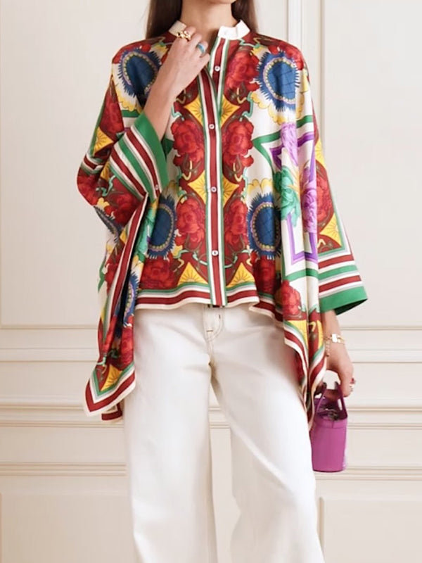 Fledermausärmel High-Low-Knöpfe Blumendruck Stehkragen Blusen &amp; Hemden Tops 