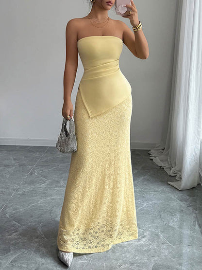 Bodycon Irregularity Lacy Pleated Solid Color Split-Joint Tube Maxi Dresses