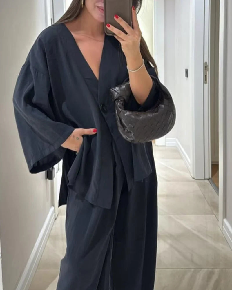 Casual V-Neck Top & Pants Two-Piece Set