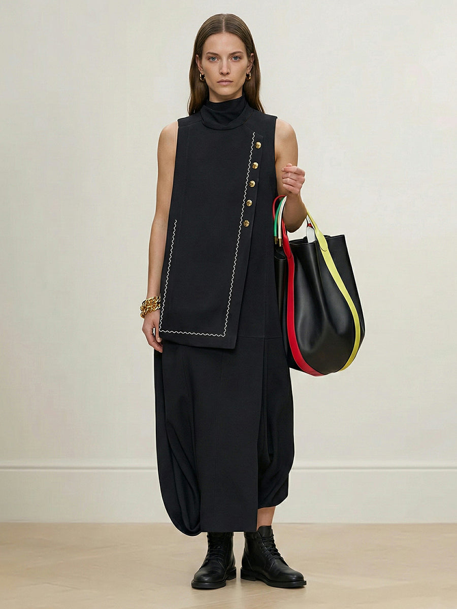 Irregularity Loose Asymmetric Buttoned Contrast Color Layered Line Split-Joint Split-Side Half Turtleneck Maxi Dresses