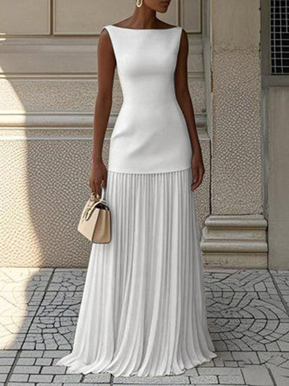 Sleeveless Gauze Pleated Solid Color Split-Joint Boat Neck Evening Dresses Maxi Dresses