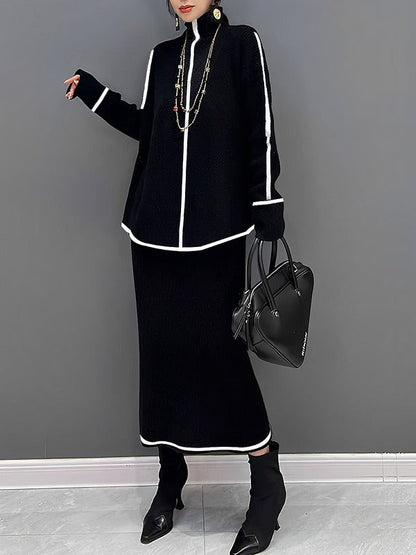 Long Sleeves Loose Contrast Color High Neck Sweater Tops