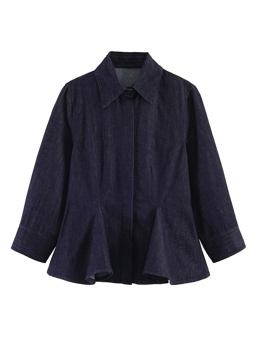 Solid Color Pleated Buttoned Long Sleeves Lapel Blouses&shirts Tops