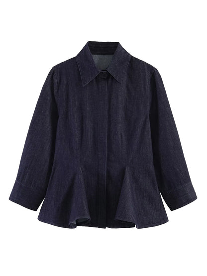 Solid Color Pleated Buttoned Long Sleeves Lapel Blouses&shirts Tops