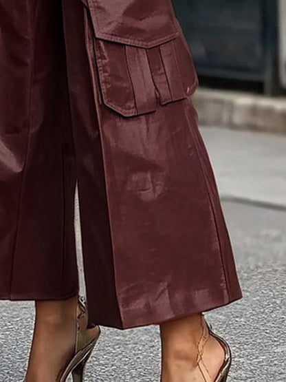 Loose Wide Leg Pleated Pockets Solid Color Split-Joint Pants Trousers