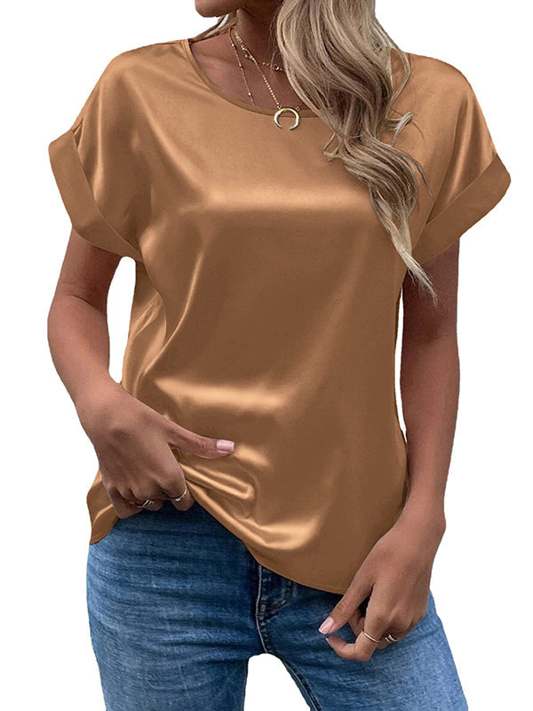 Loose Short Sleeves Solid Color Round-Neck T-Shirts Tops KHAKI
