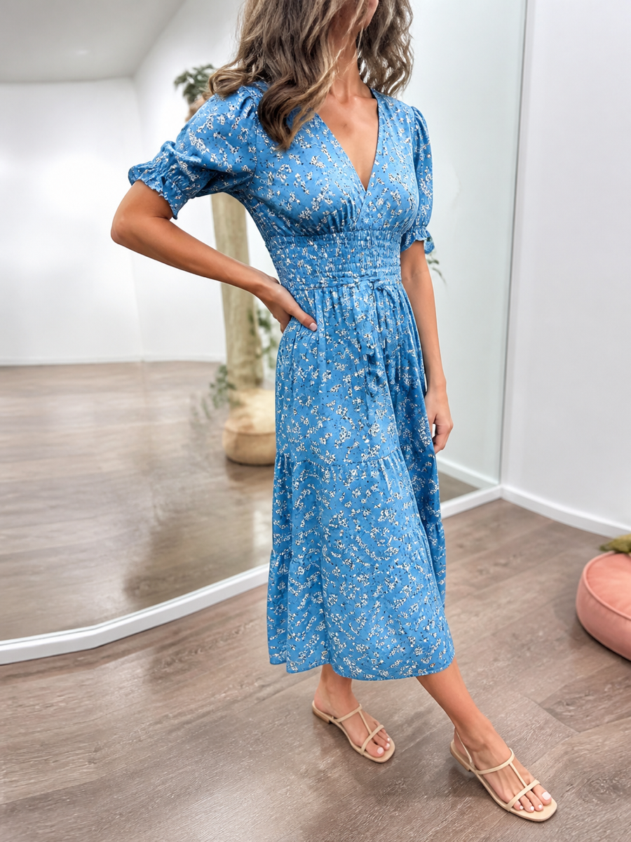 Tied Split-Joint Polka-Dot Pleated Elasticity Contrast Color Buttoned Short Sleeves Plus Size V-neck Midi Dresses
