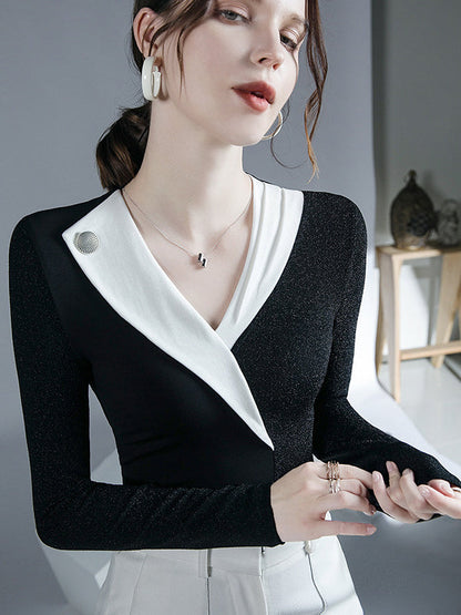 Long Sleeves Skinny Asymmetric Contrast Color Split-Joint V-Neck Blouses&Shirts Tops