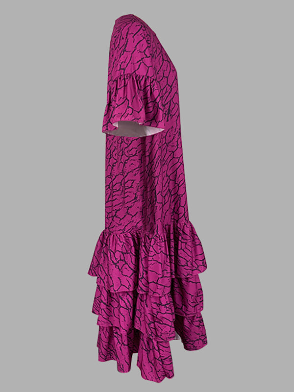 Robes longues à manches évasées, manches mi-longues, asymétriques, plissées, imprimées, à volants, col rond 