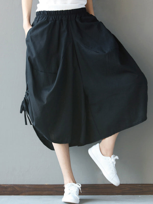 High Waisted Loose Drawstring Elasticity Solid Color Split-Joint Cropped Trousers Pants