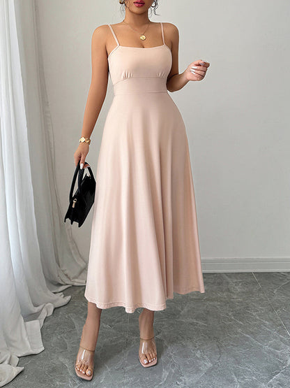 A-Line High Waisted Backless Pleated Solid Color Spaghetti-Neck Midi Dresses