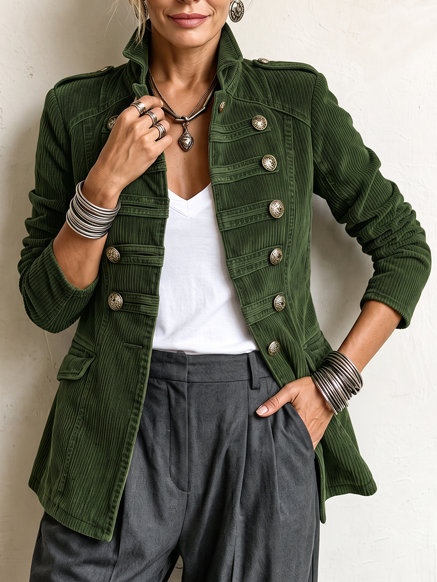 Split-Joint Solid Color Buttoned Long Sleeves Stand Collar Outerwear