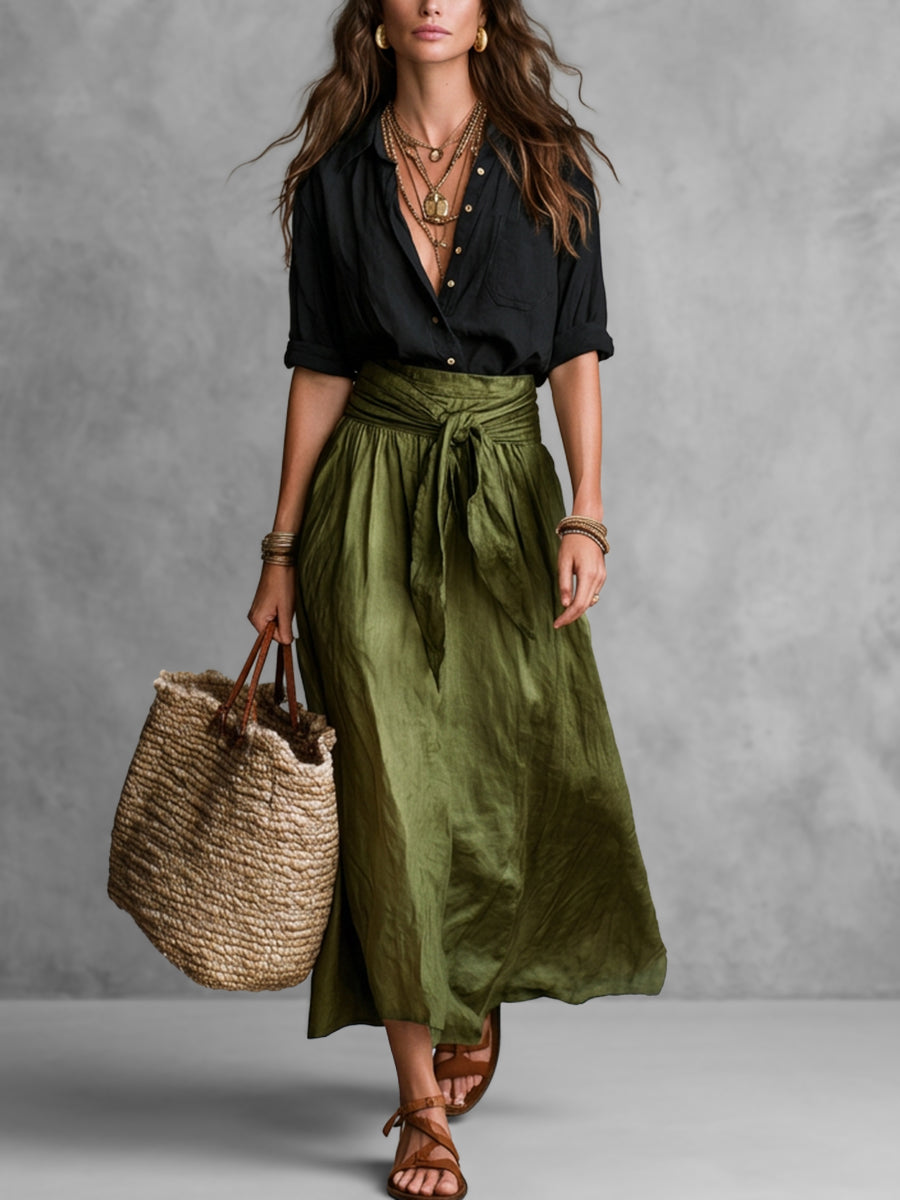 A-Line High Waisted Pleated Solid Color Tied Waist Skirts