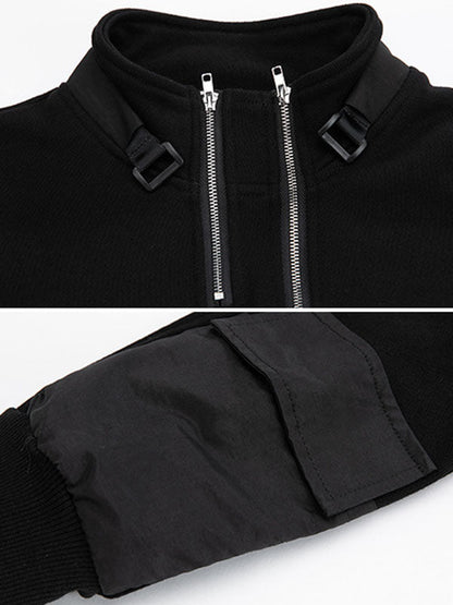 Casual Long Sleeves Loose Solid Color Zipper High-Neck Sweatshirt Tops
