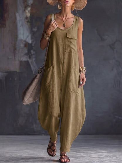 Loose Sleeveless Pockets Solid Color Square-Neck Jumpsuits