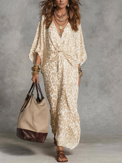 High Waisted Long Sleeves Knot Leopard V-Neck Maxi Dresses