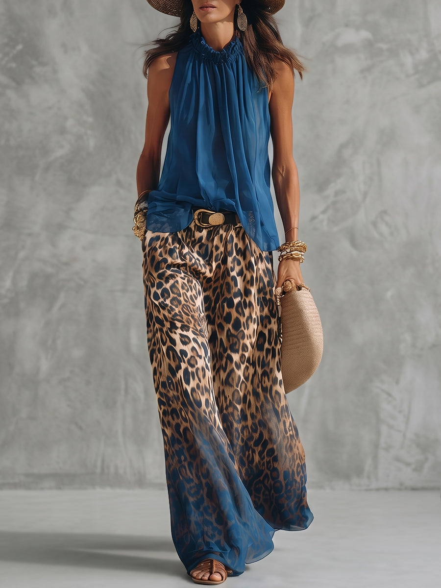 Loose Sleeveless Pleated Solid Color Halter-Neck Tank Top