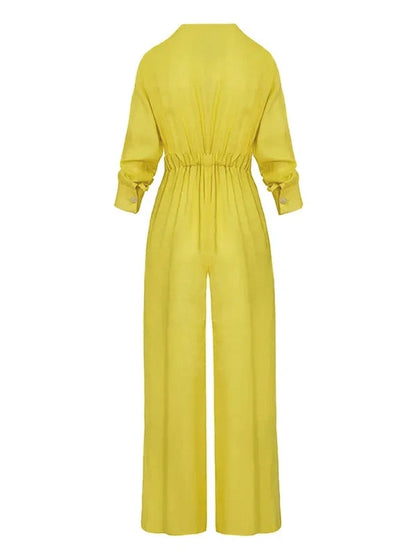 High Waisted Long Sleeves Buttoned Pockets Solid Color V-Neck Jumpsuits