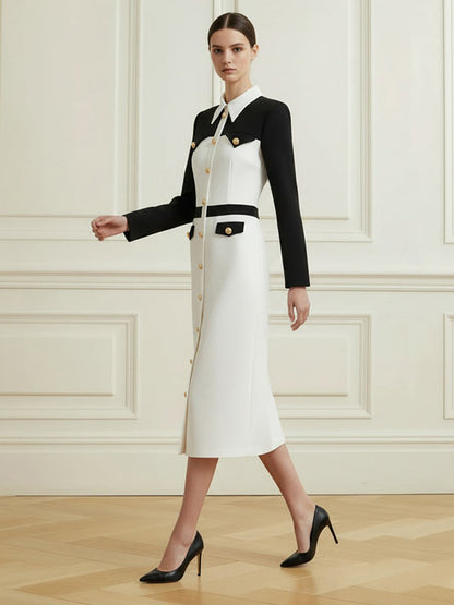 Long Sleeves Buttoned Contrast Color Split-Joint Lapel Midi Dresses