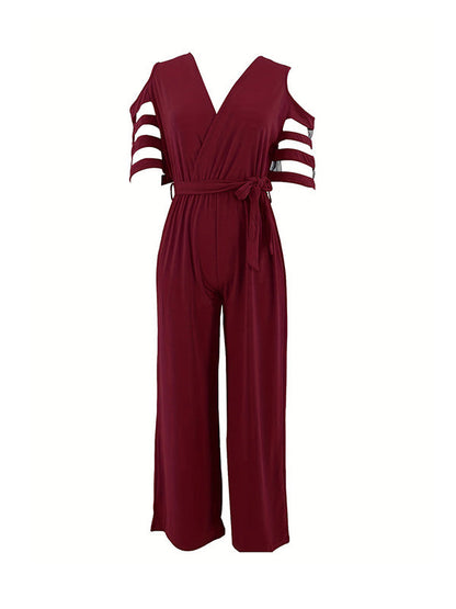 High Waisted Loose Hollow Mesh Solid Color Tied Waist V-Neck Jumpsuits