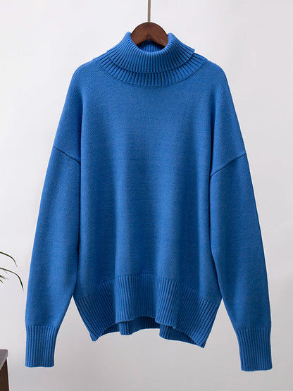High-Low Long Sleeves Solid Color Split-Joint High Neck Sweater Tops