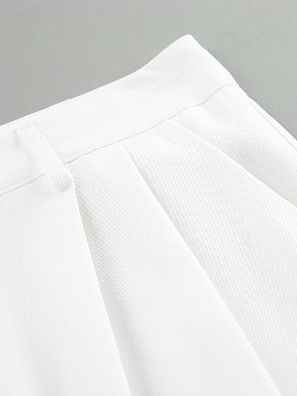 High Waisted Loose No Belt Pleated Pockets Solid Color Suit Pants Trousers