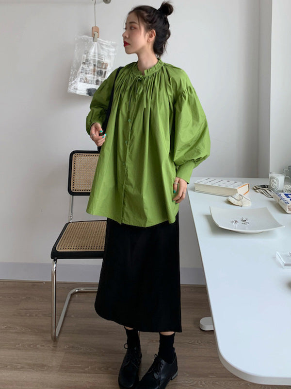 Urban Loose Puffärmel Agaric Laces Falbala Einfarbige Blusen 