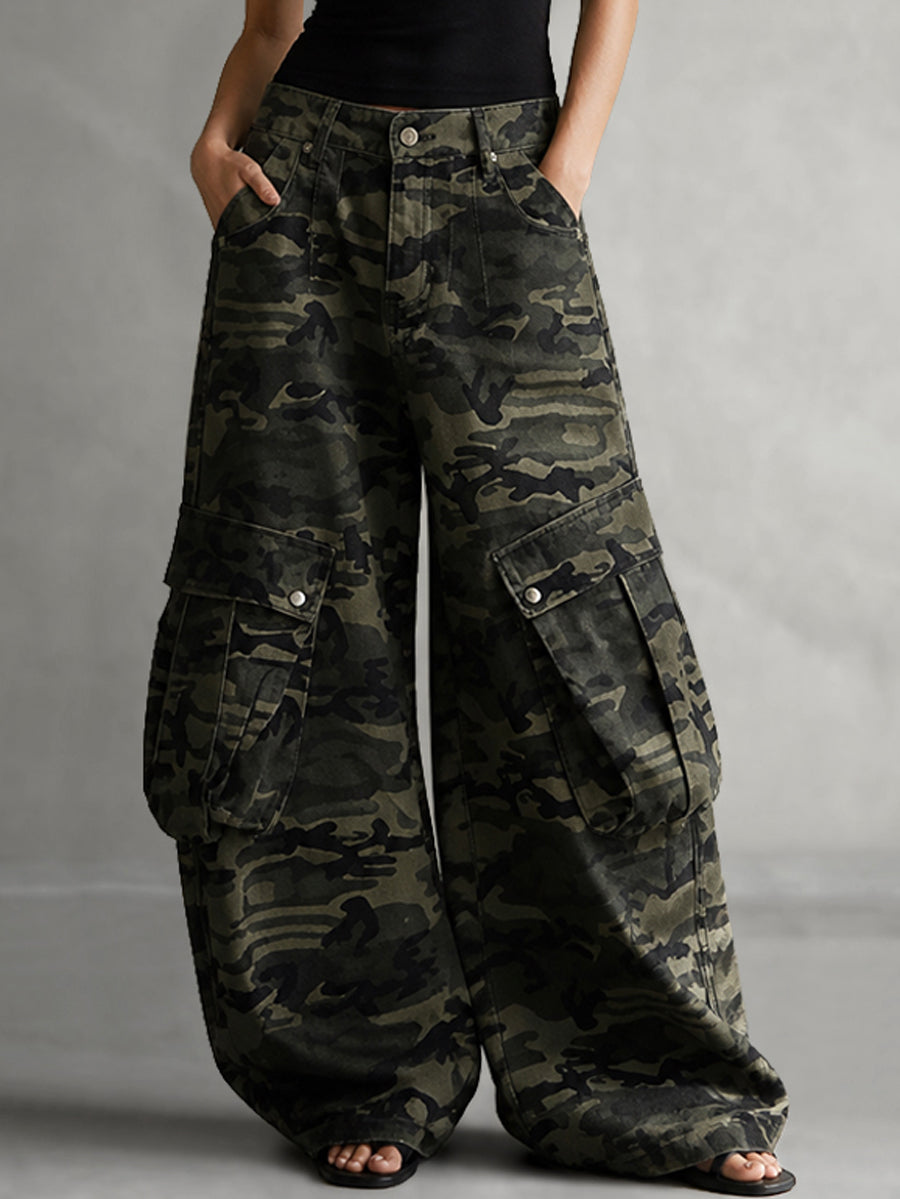 Zipper Pockets Camouflage Buttoned Wide Leg Loose Trousers Pants