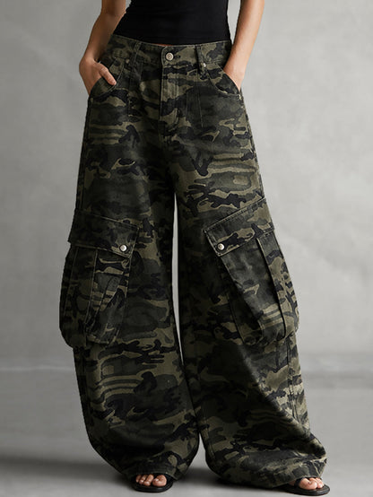 Zipper Pockets Camouflage Buttoned Wide Leg Loose Trousers Pants