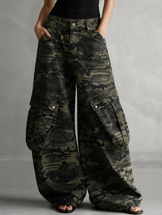 Zipper Pockets Camouflage Buttoned Wide Leg Loose Trousers Pants