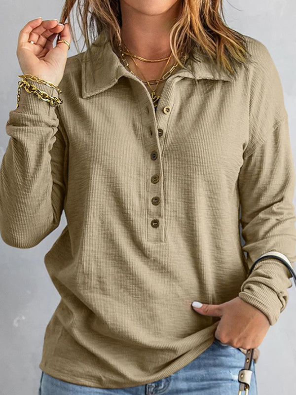T-shirts amples à manches longues, boutonnés, couleur unie, à revers fendus 