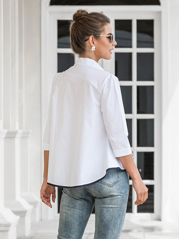 Chemisiers et chemises décontractés à manches trois-quarts et col montant brodés 