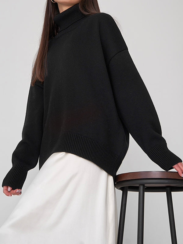 Long Sleeves Loose Solid Color High Neck Knitwear Pullovers Sweater Tops
