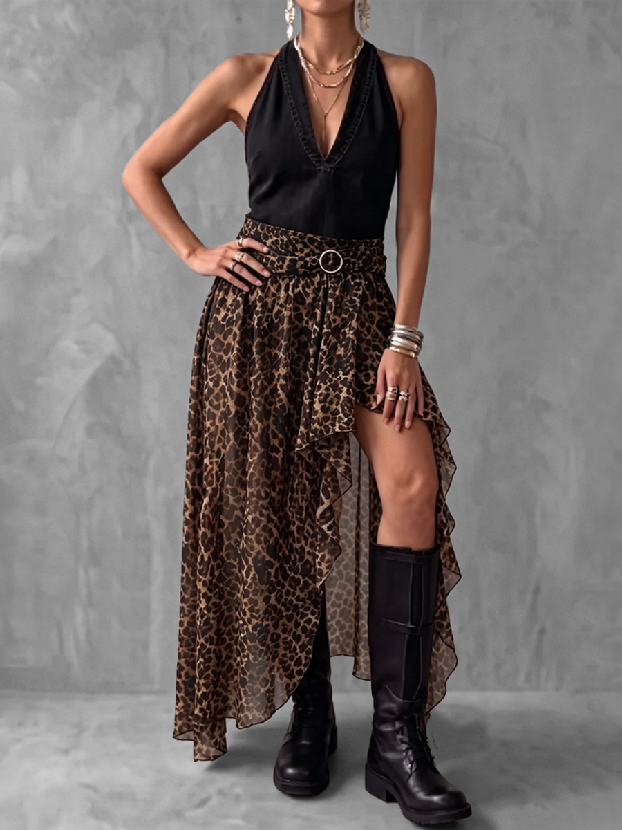 High Waisted High-Low Asymmetric Buckle Elasticity Leopard See-Through Split-Joint Skirts Bottoms