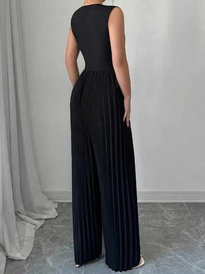 High Waisted Loose Contrast Color Pleated V-Neck Jumpsuits