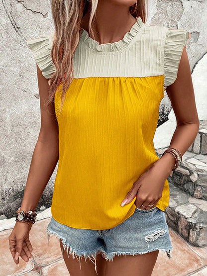 Flying Sleeves Loose Contrast Color Pleated Ruffled Split-Joint Round-neck Vest Top