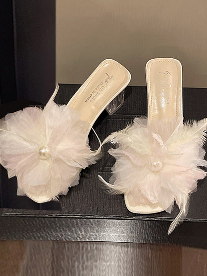 Square Heel Feathers Open Toe Three-Dimensional Flower Sandals
