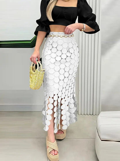 Jupe moulante taille haute à franges et fentes de couleur unie 