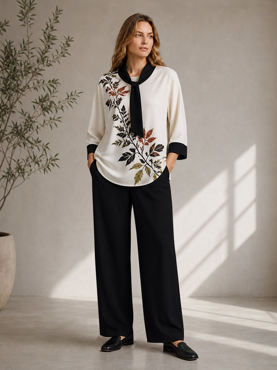 Tied Leaves Print Contrast Color Three-quarter Sleeves Round-neck Blouses&shirts Tops