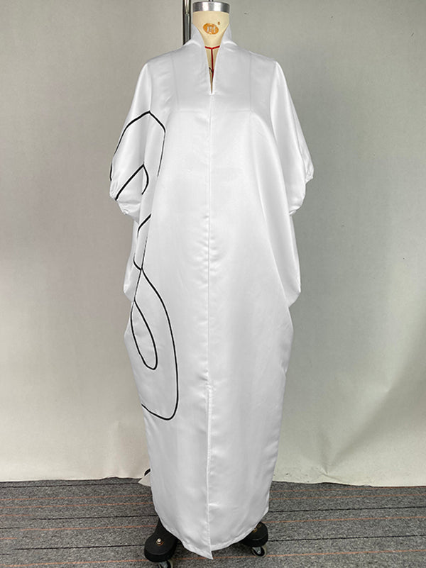 Half Sleeves Loose Elasticity Printed Split-Front Stand Collar Maxi Dresses