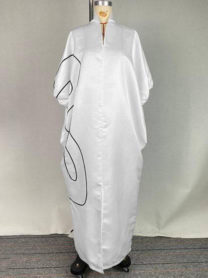 Half Sleeves Loose Elasticity Printed Split-Front Stand Collar Maxi Dresses