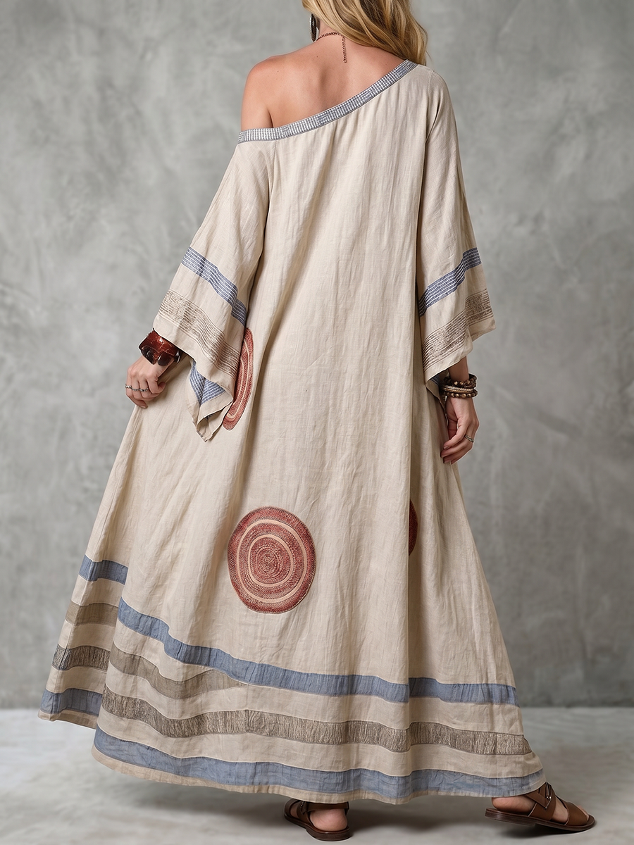 Batwing Sleeves Loose Contrast Color Printed Striped Asymmetric Neckline Maxi Dresses