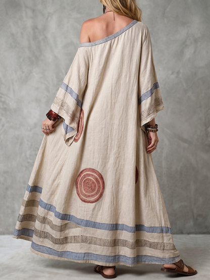 Batwing Sleeves Loose Contrast Color Printed Striped Asymmetric Neckline Maxi Dresses
