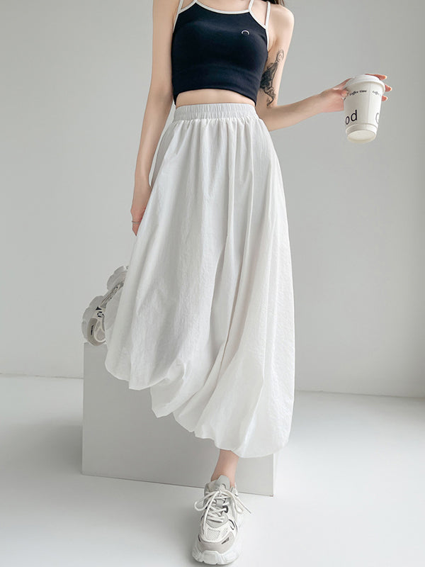 A-Line Loose Elasticity Pleated Pockets Solid Color Skirts Bottoms