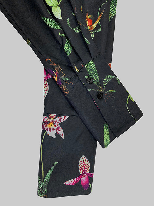 Long Sleeves Loose Asymmetric Flower Print Split-Joint Lapel Blouses&Shirts Tops